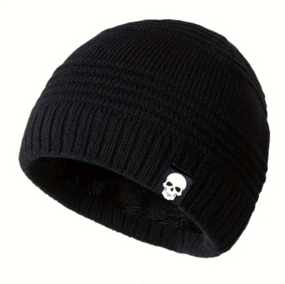 Black skull knit beanie hat